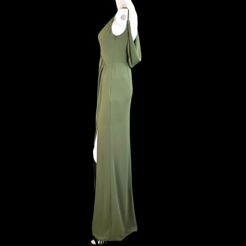 David's Bridal Chiffon Cowl Back V-neck Sheath Dress Martini Olive Color - Picture 6 of 14
